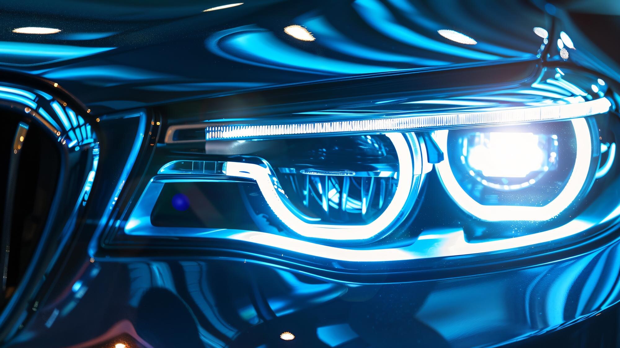 Close-up of a car headlight with reflection
